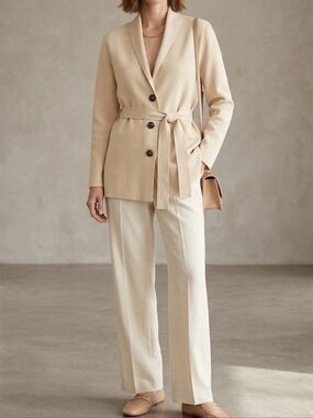 ZARA Cream Thick Knit Belted Oversized Cardigan Blazer SZ S